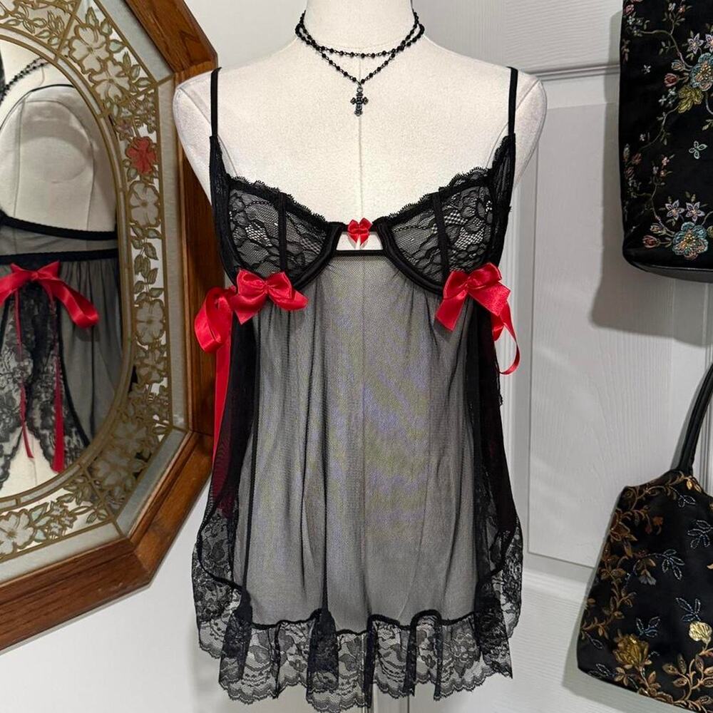 VTG Y2K Escante Collection Black Sheer Lace Mesh & Red Satin Bow Lingerie Slip